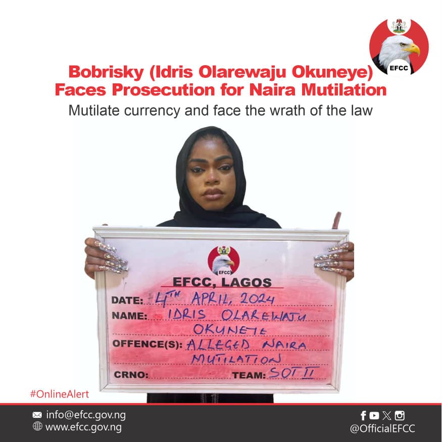 Alleged Naira mutilation: Bobrisky displays EFCC’s crime board